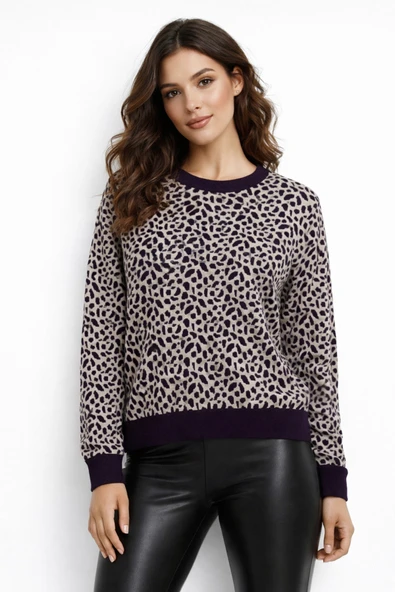 Kadın Leopar Desen Triko Kazak BGL-ST05284 ürün görseli 1