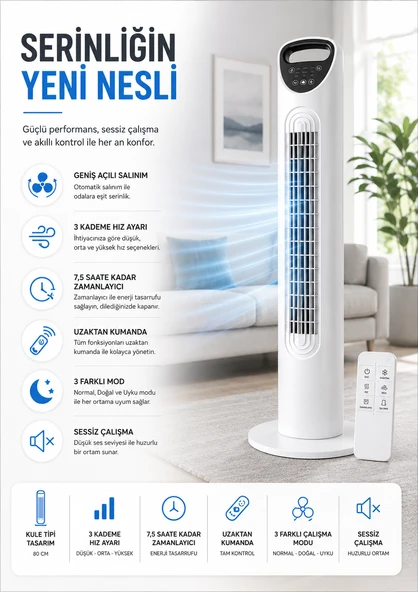 Kule Tipi Vantilatör  3 Kademe Hız, 7.5 Saat Zamanlayıcı, Uzaktan Kumandalı, Sessiz Çalışma, Salınımlı Fan, 45W ürün görseli 1