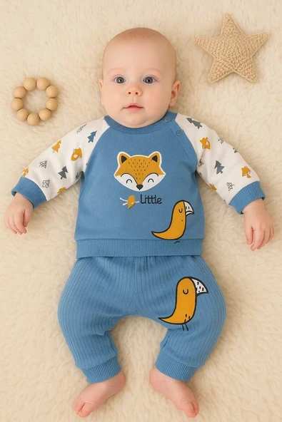 Littie Fox Nakışlı % 100 Pamuklu 2'li Erkek Takım ürün görseli 1