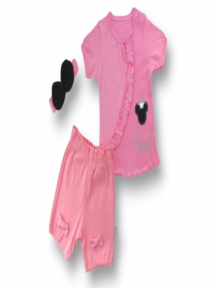 3-6 6-9 9-12 12-18 Ay Princess Taçlı Mickey Nakışlı Şort Tişört 3lü Kız Bebek Takımı Pembe ürün görseli 1