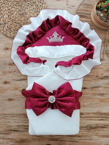 Yenidoğan Mehtap Lüks Kelebek Taç Nakışlı Bebek Battaniyesi Kundak Bordo ürün görseli 1