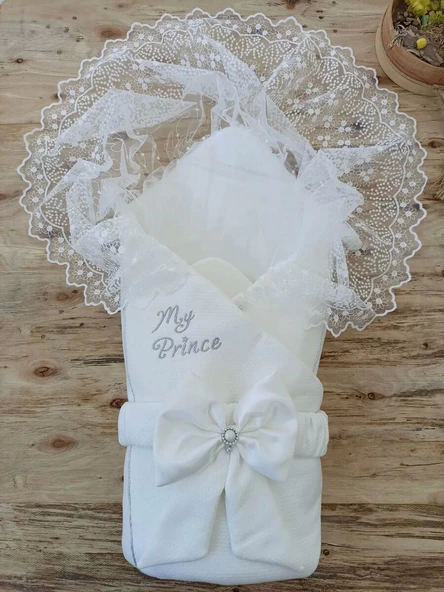 Yenidoğan Sahra My Prince Nakışlı Lüks Kundak Bebek Battaniyesi Ekru ürün görseli 1