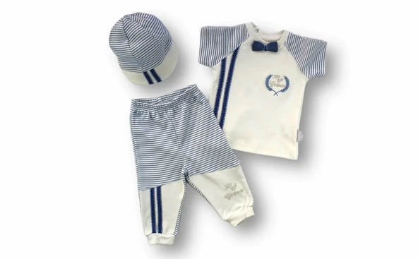 3-6 6-9 9-12 Ay My Prince Nakışlı Şapkalı Kısa Kollu Sweatli 3lü Erkek Bebek Takımı Ekru ürün görseli 1