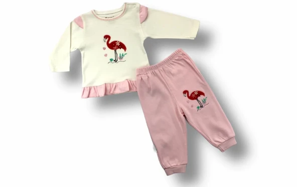 3-6 6-9 9-12 Ay Flamingo Nakışlı Uzun Kollu Sweatli 2li Kız Bebek Takımı Ekru ürün görseli 1