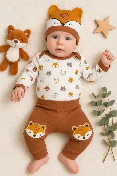 Little Fox Desenli 3'lü % 100 Pamuklu Erkek Takım ürün görseli 1