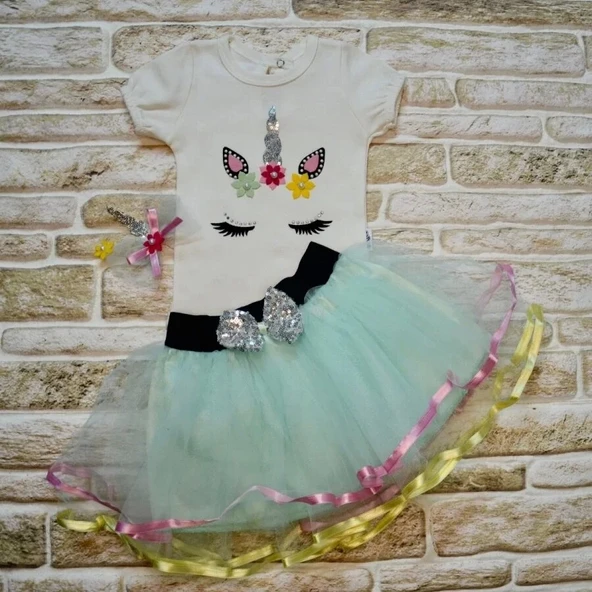 9-12-18 Ay Payetli Pony Nakışlı Tokalı Kısa Kollu Tütü Etek 3lü Kız Bebek Takımı Su Yeşili ürün görseli 1