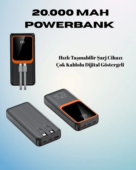 20000 mAh Powerbank | Çok Kablolu Dijital Göstergeli Yüksek Hızlı Şarj Cihazı ürün görseli 1