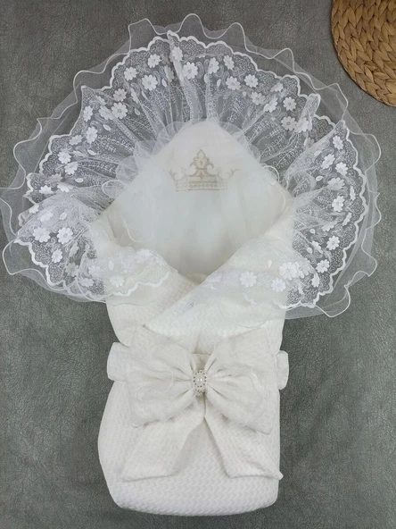 Yenidoğan Kumru Soft Cotton Taç Nakışlı Trilüks Kundak Bebek Battaniyesi Ekru ürün görseli 1