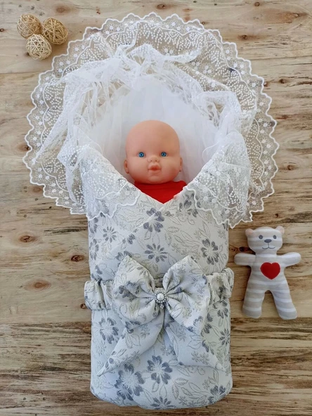 Yenidoğan Gül li Duvaklı Taş Fiyonk Erkek Bebek Kumru Kundak Bebek Battaniyesi Lacivert ürün görseli 1