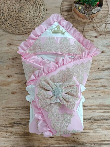 Yenidoğan Grand Lüks Kelebek Ağır Güpür İşlemeli Şapkalı Bebek Battaniyesi Kundak Pembe ürün görseli 1