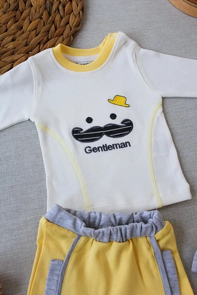 3-6 6-9 9-12 Ay Gentleman Erkek Nakışlı Şapkalı Uzun Kollu Sweat 3lü Erkek Bebek Takımı Sarı ürün görseli 1