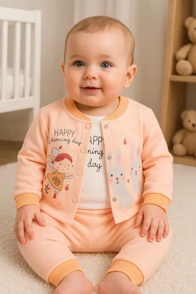 Happy Dancing Desenli 3'lü Hırkalı Kız Bebek Takım ürün görseli 1