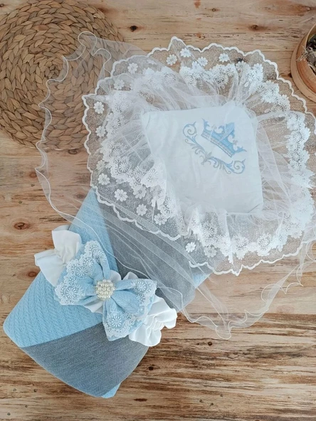 Yenidoğan Teri Cotton Taç Nakışlı Prizma Taş Kundak Bebek Battaniyesi Mi ürün görseli 1