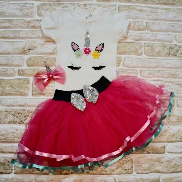 9-12-18 Ay Payetli Pony Nakışlı Tokalı Kısa Kollu Tütü Etek 3lü Kız Bebek Takımı Fuşya ürün görseli 1