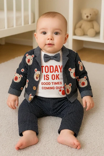 Papyonlu Bear Çizgili Model Ceketli 3'lü Erkek Bebek Takımı ürün görseli 1