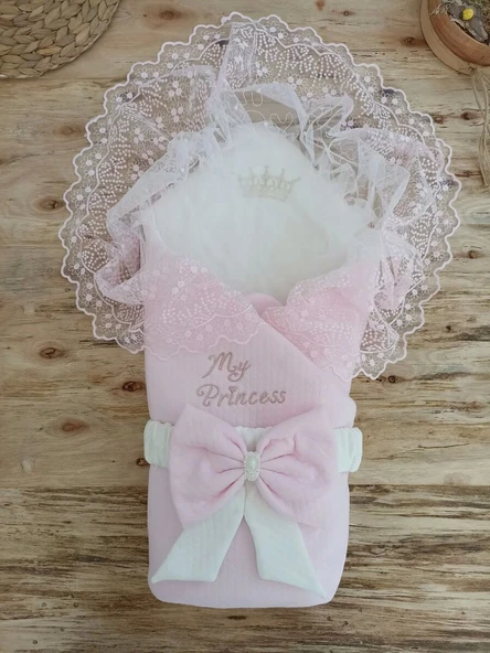 Bal Peteği My Princess Taç Nakış İnci Fiyonklu Dantel Duvaklı Delüks Kundak Bebek Battaniyesi Pembe ürün görseli 1