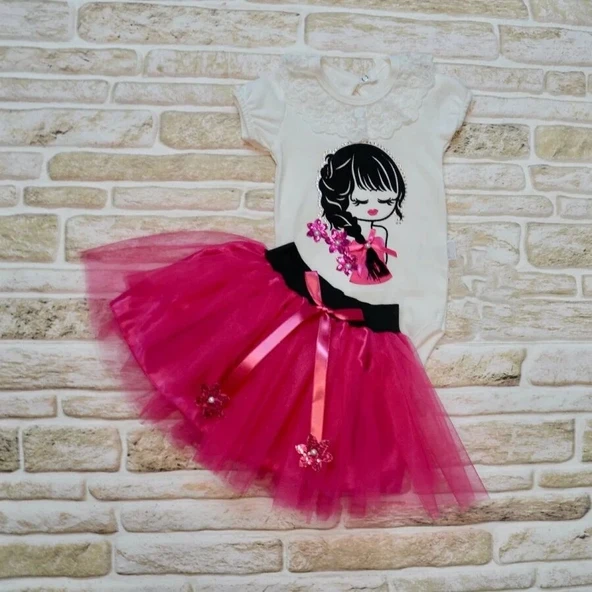 9-12-18 Ay ı Örgülü Kız Nakışlı Kurdelalı Kısa Kollu Tütü Etek 2li Kız Bebek Takımı Fuşya ürün görseli 1
