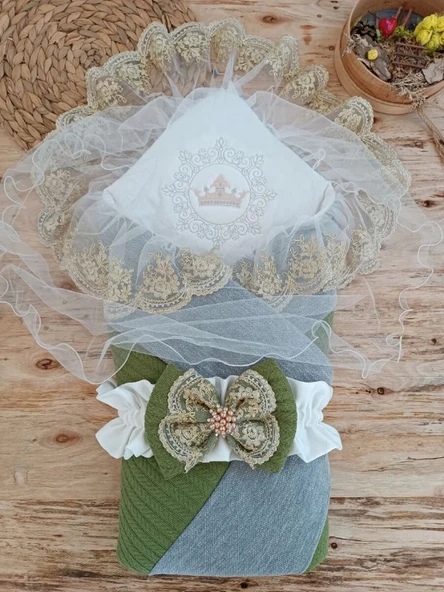 Yenidoğan Teri Cotton Taç Nakışlı Prizma Taş Kundak Bebek Battaniyesi Yeşil ürün görseli 1