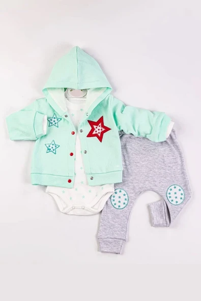 Yıldız Nakışlı Kapişonlu Kız Bebek Takımı ürün görseli 1
