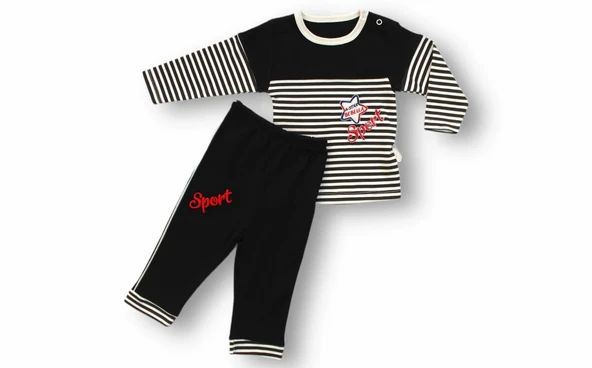 6-9 9-12 12-18 18-24 24-36 Ay Sport Baskılı Çizgili Uzun Kollu Sweatli 2li Erkek Bebek Takımı Siyah ürün görseli 1