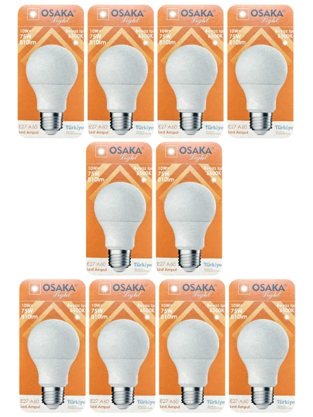 (10 Adet) Osaka 10W (75W) Beyaz Işık (6500K) E27 Duylu (Kalın Duy) Led Ampul ürün görseli 1