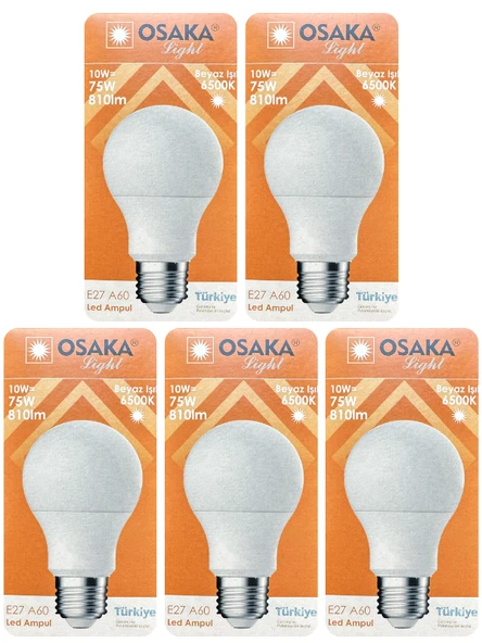 (5 Adet) Osaka 10W (75W) Beyaz Işık (6500K) E27 Duylu (Kalın Duy) Led Ampul ürün görseli 1