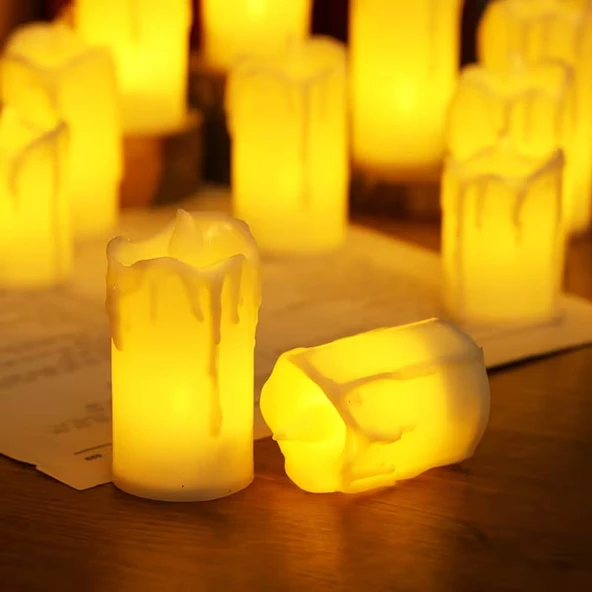 24 ADET GÜN IŞIĞI LED IŞIKLI MUM SARI LED MUM ERİMİŞ GÖRÜNÜMLÜ IŞIKLI MUM 6X3.5 CM PİLLİ LED MUM ürün görseli 1
