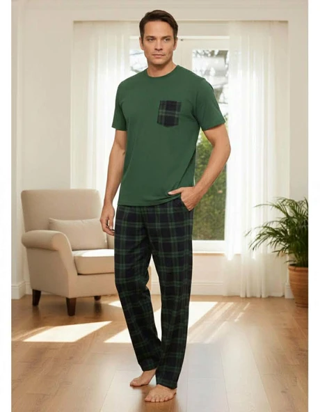 Pijamoni Erkek Bisiklet Yaka Kısa Kol İnce Pijama Takımı 6163/8 - 1 Adet  M Yeşil ürün görseli 1