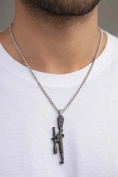 Kanas Tüfek Figürlü Gümüş Renk Çelik Zincir Kolye 60 cm Unisex ürün görseli 1