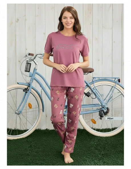 Pijamoni Kadın Milan Bisiklet Yaka Kısa Kol İnce Pijama Takımı 7605/46 - 1 Adet  L Nar ürün görseli 1