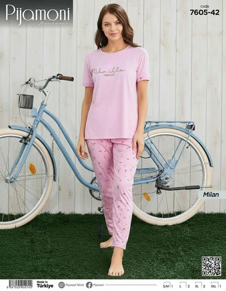 Pijamoni Kadın Milan Bisiklet Yaka Kısa Kol İnce Pijama Takımı 7605/42 - 1 Adet  S - M Pembe ürün görseli 1