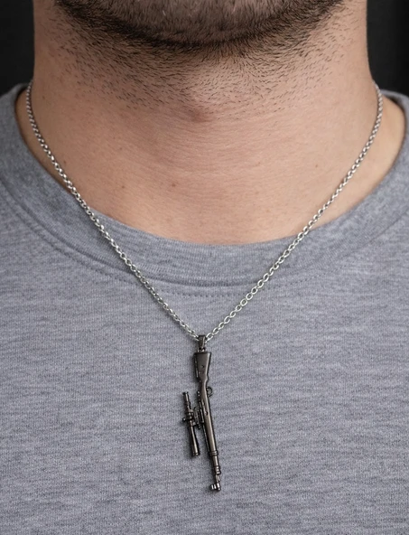 Dürbünlü Tüfek Figürlü Gümüş Renk Çelik Kolye 60 cm Unisex ürün görseli 1