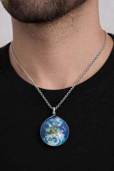 Unisex Gümüş Renk Zincir Kolye Mavi Gezegen Desenli Metal Uç 60 cm ürün görseli 1