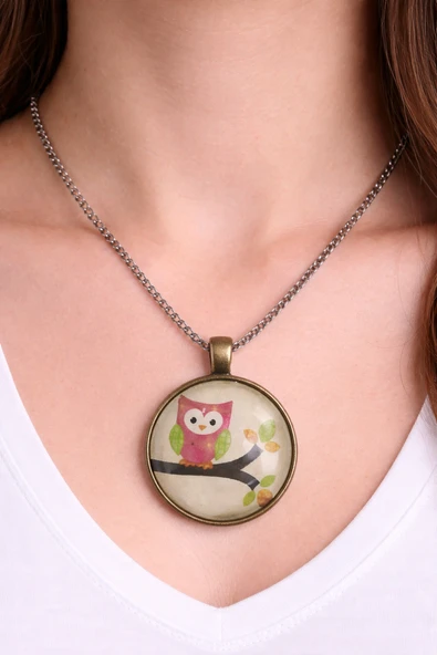 Baykuş Figürlü Cam Kaplama Kolye Gümüş Zincir 60 cm Unisex ürün görseli 1