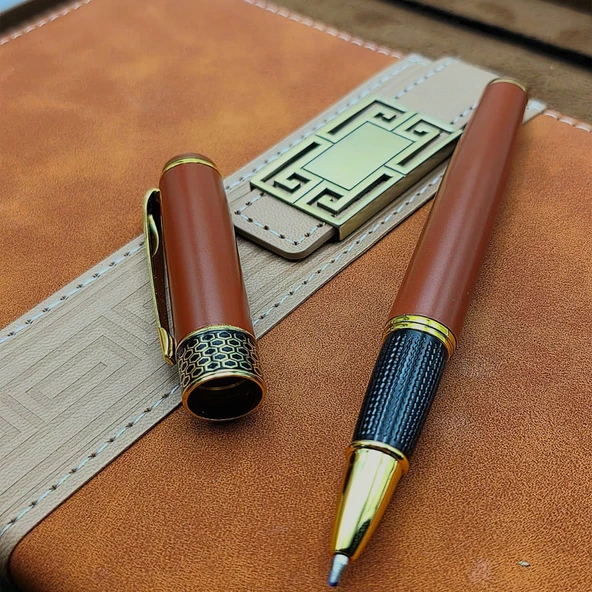 Taba Rengi Termo Deri Defter Ve Metal Roller Kalem Seti - Resim 3