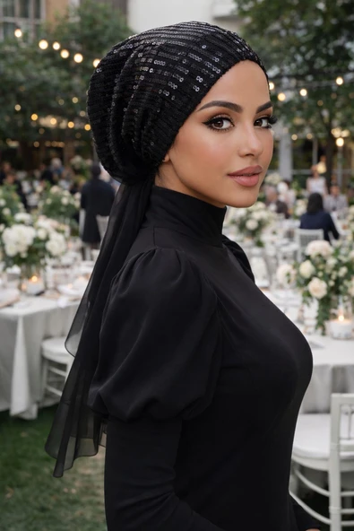 Siyah Payet Abiye Eşarp Bone - Resim 4