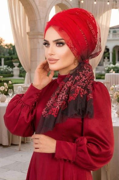 Kırmızı Siyah Flok Baskılı Tül Abiye Tokalı Bone ürün görseli 1