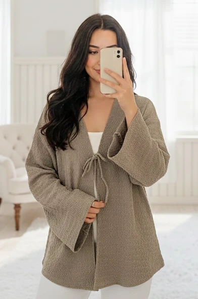 Taş Rengi Önü Bağlamalı Kimono Tunik / Likralı Ütü İstemez Kumaş ürün görseli 1