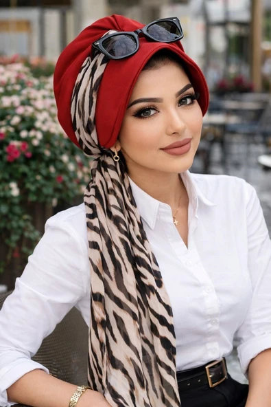 Kırmızı Zebra Desen Fularlı Şapka Bone ürün görseli 1