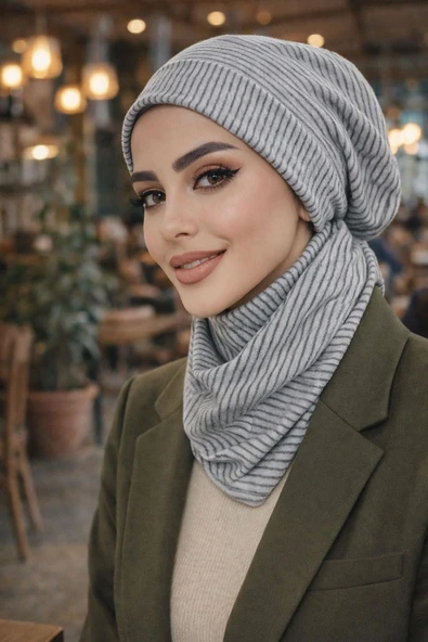 Gri Çizgi Tesettür Bere Bone ve Çıtçıtlı Etol Takım ürün görseli 1