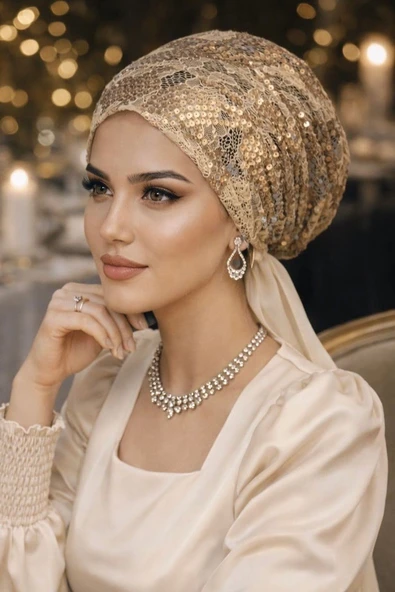 Dore Rengi Payet İşlemeli Eşarp Bone - Resim 2