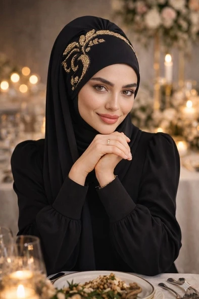Siyah Gold Motif Simli Abiye Şal ürün görseli 1