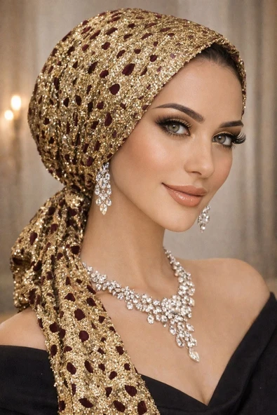 Bordo Gold Simli Abiye Eşarp Bone ürün görseli 1