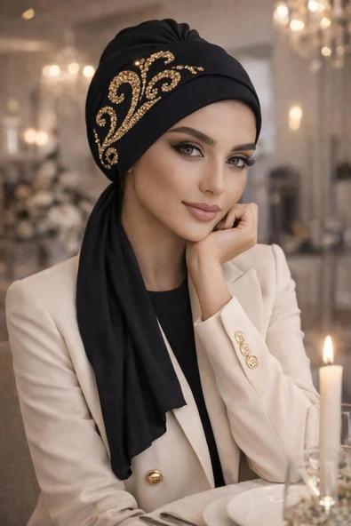 Siyah Gold Motif Abiye Atkılı Bone ürün görseli 1