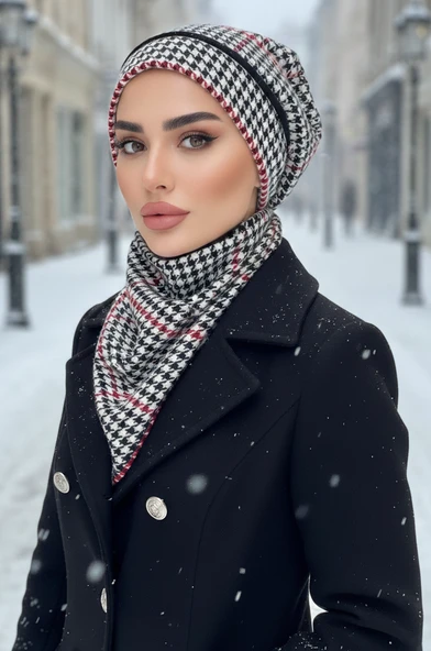 Siyah Kırmızı Kazayağı Tesettür Bere ve Etol Takım ürün görseli 1