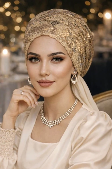 Dore Rengi Payet İşlemeli Eşarp Bone ürün görseli 1