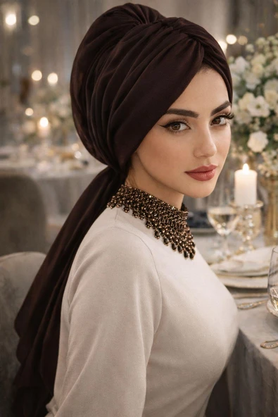 Kahverengi Tokalı Abiye Bone Şal / Hazır Duvak ürün görseli 1