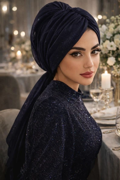 Lacivert Tokalı Abiye Bone Şal / Hazır Duvak ürün görseli 1