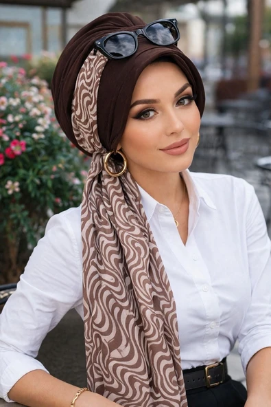 Kahve Helezon Desen Fularlı Şapka Bone ürün görseli 1