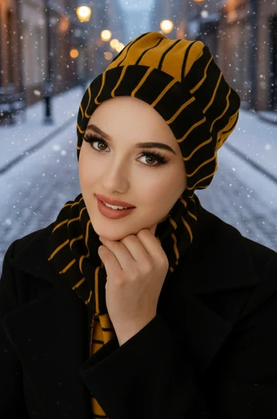 Hardal Siyah Çizgili Tesettür Bere ürün görseli 1